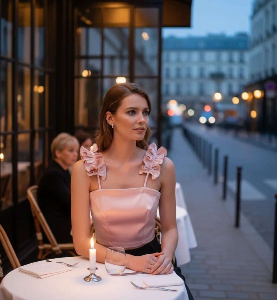 Pink Duchess Satin Top – Ruffle Strap Statement Blouse-1