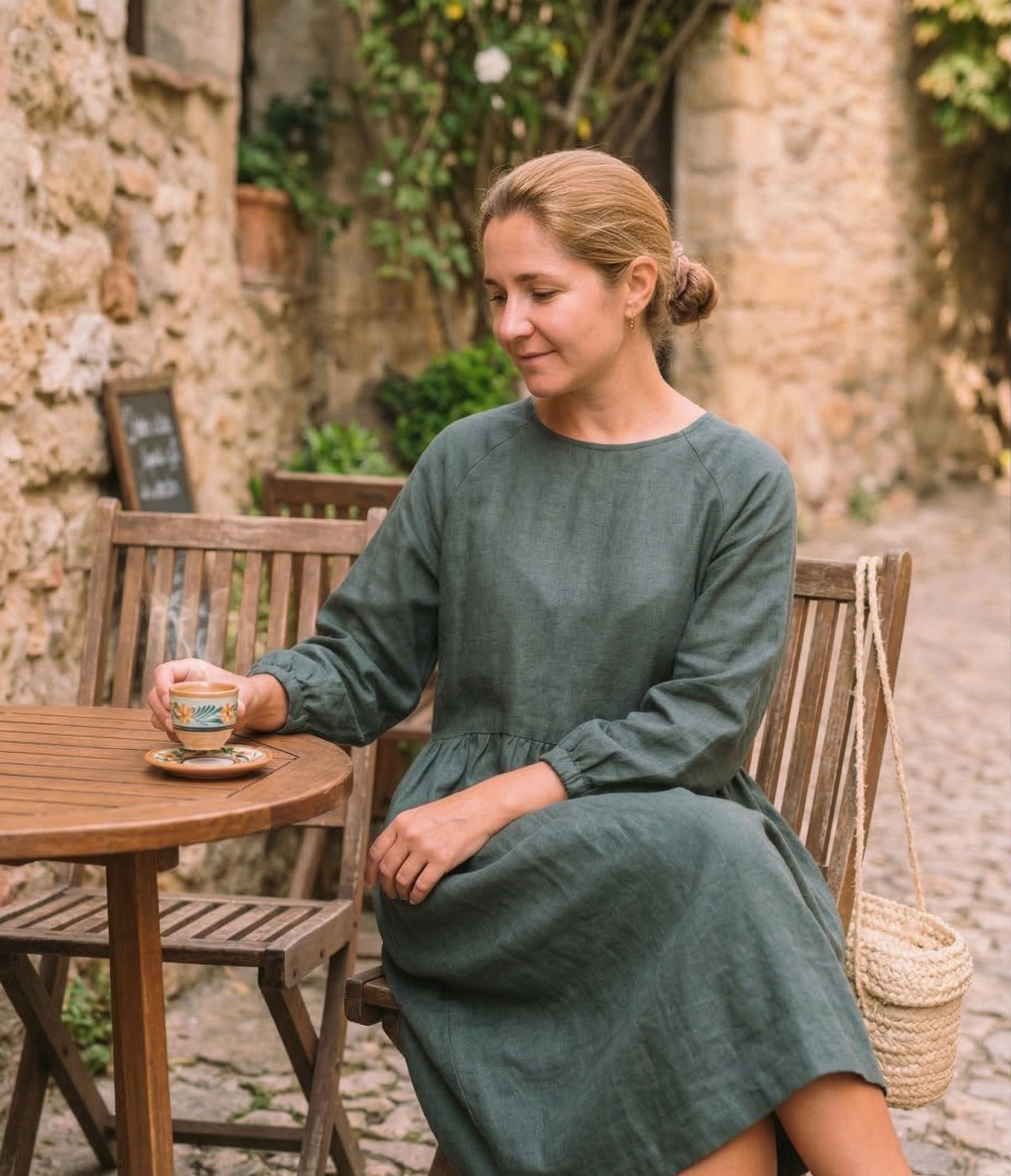Olive Green Linen Midi Dress with Long Sleeves (syncee)-1