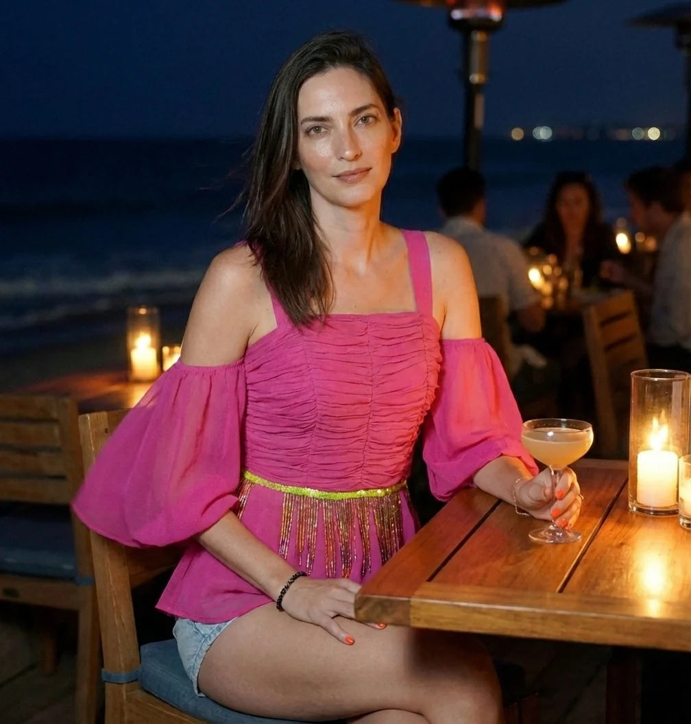 Hot Pink Peplum Top with Sequin Embroidery-2