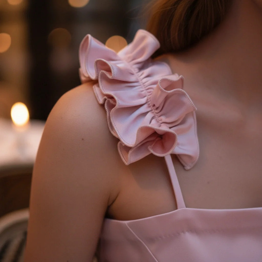 Pink Duchess Satin Top – Ruffle Strap Statement Blouse-2