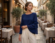 Navy Georgette Top with Flared Sleeves and Bow Tie Details-0