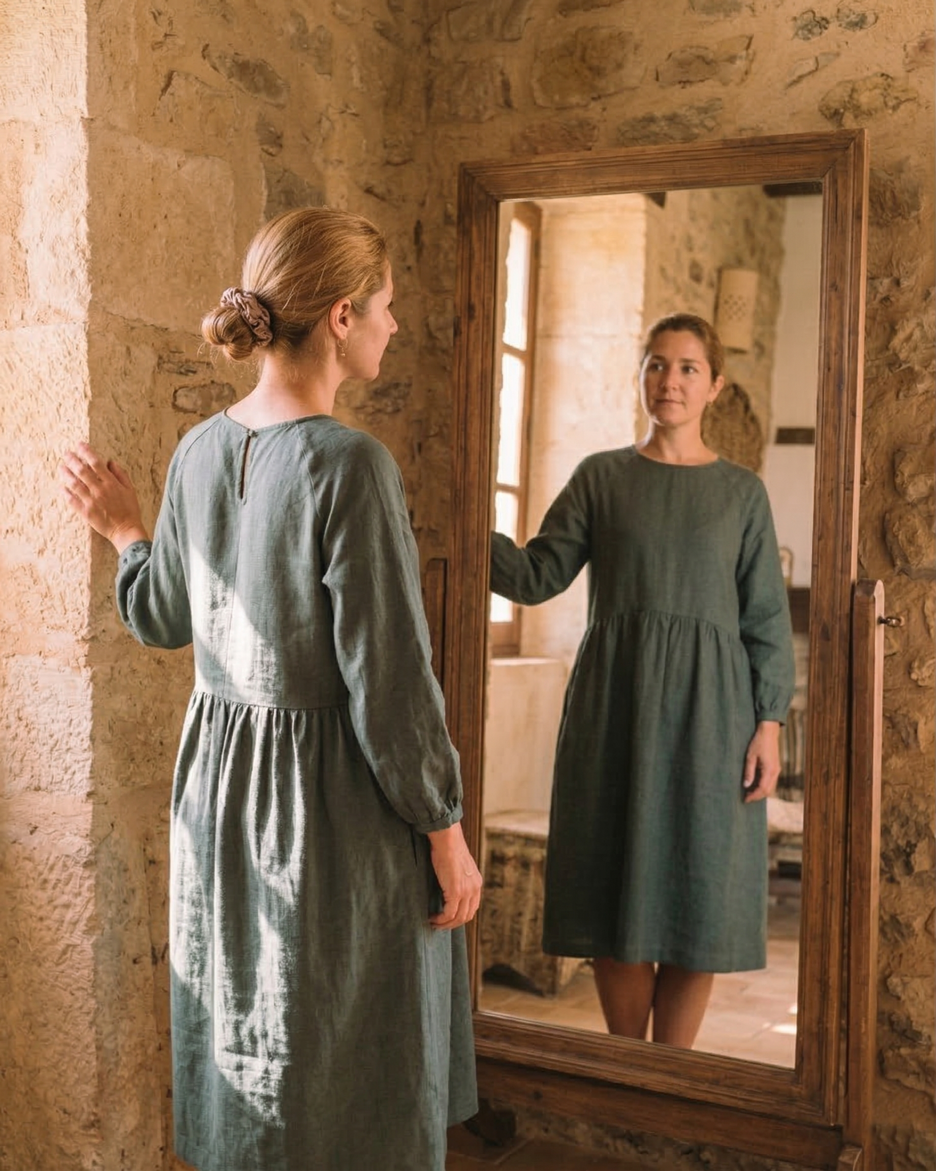 Olive Green Linen Midi Dress with Long Sleeves (syncee)-3