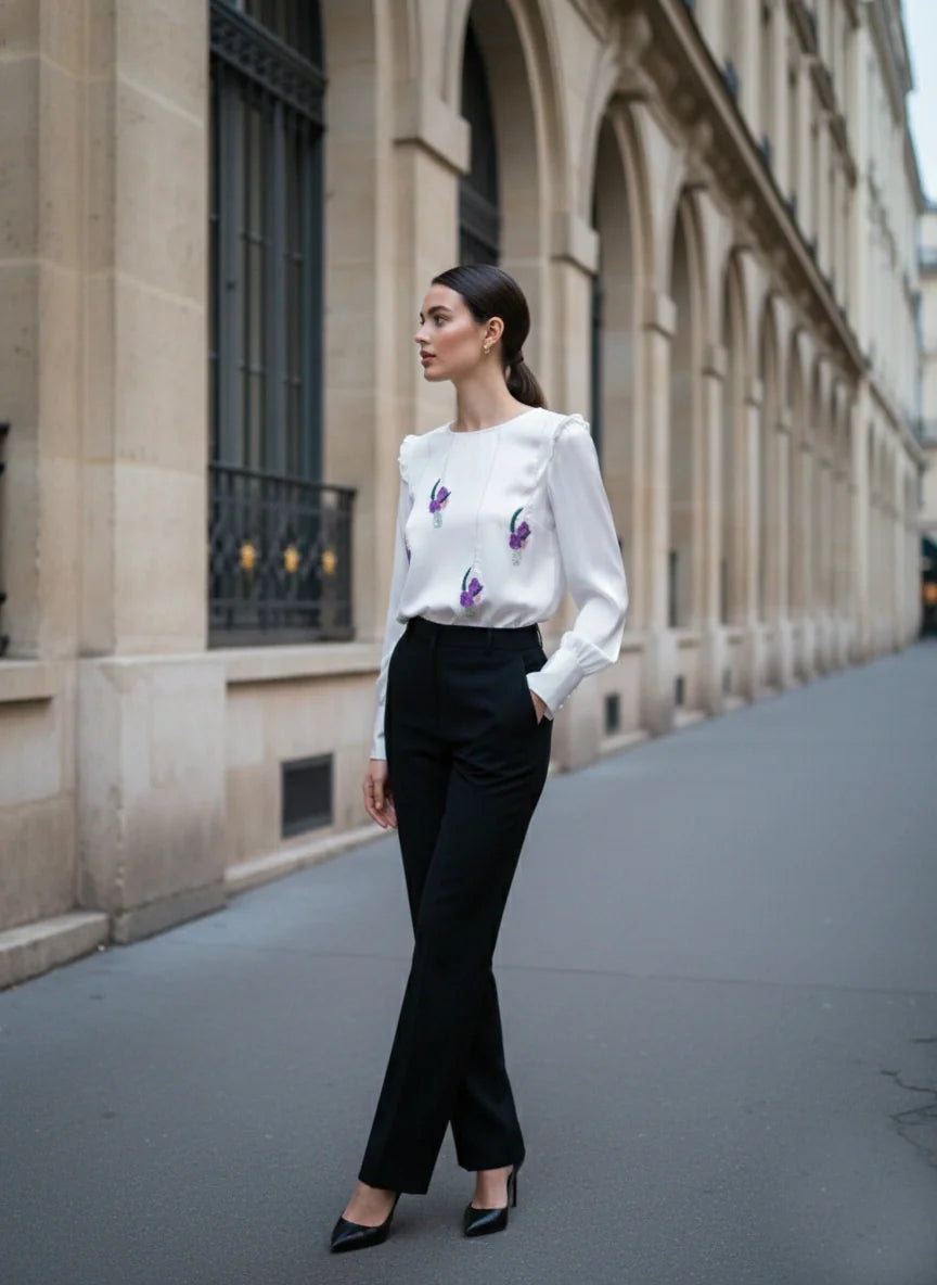 White Satin Full Sleeve Top with Hand-Embroidered Sequin Florals-3