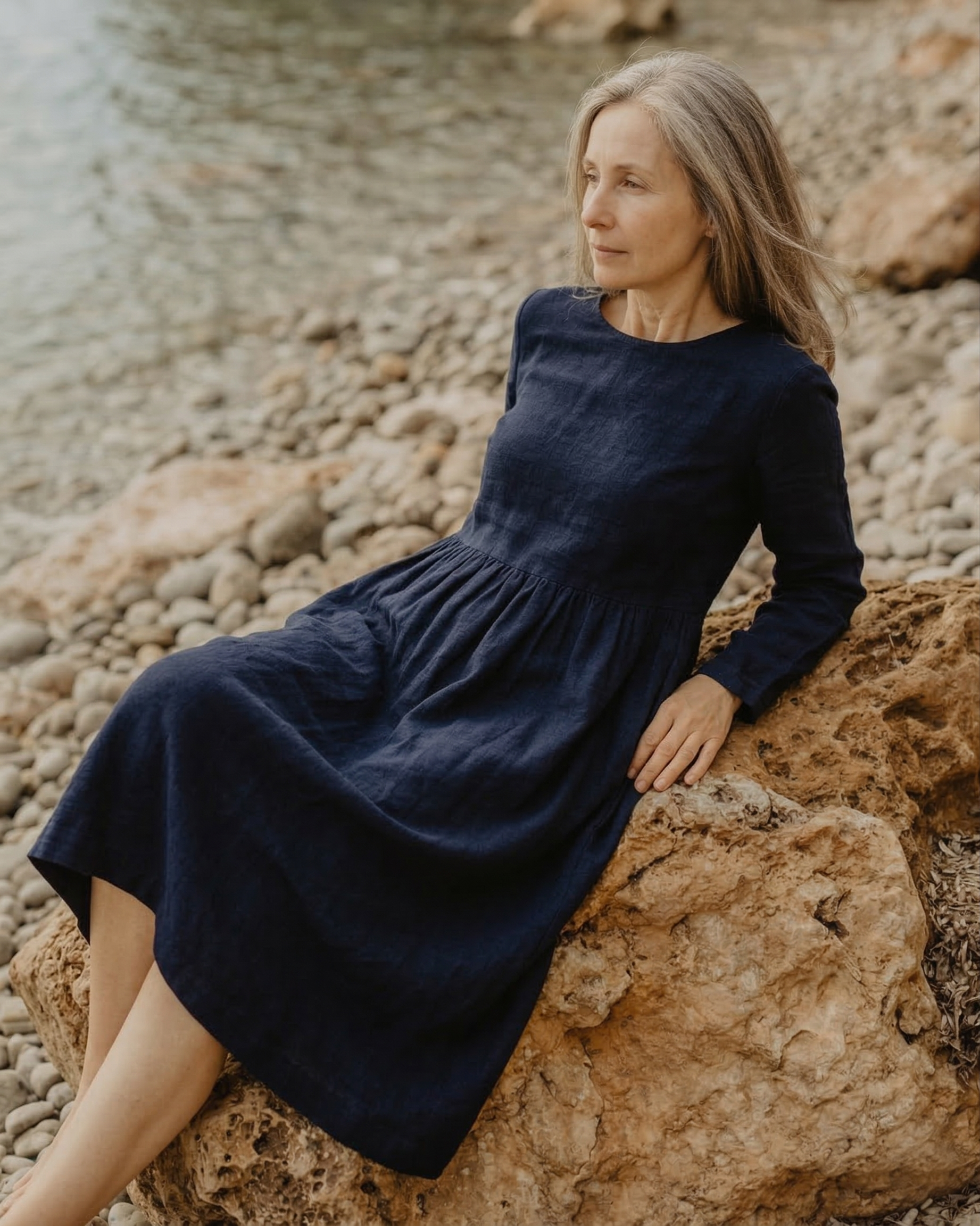 Navy Blue Linen Long Sleeve Midi Dress (syncee)-4