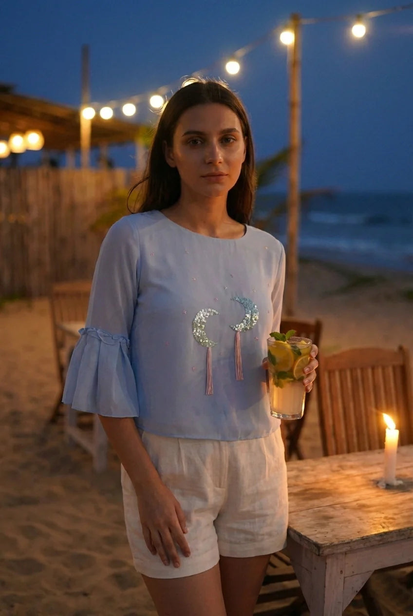 Powder Blue Georgette Top with Hand-Embroidered Moon Motifs-4