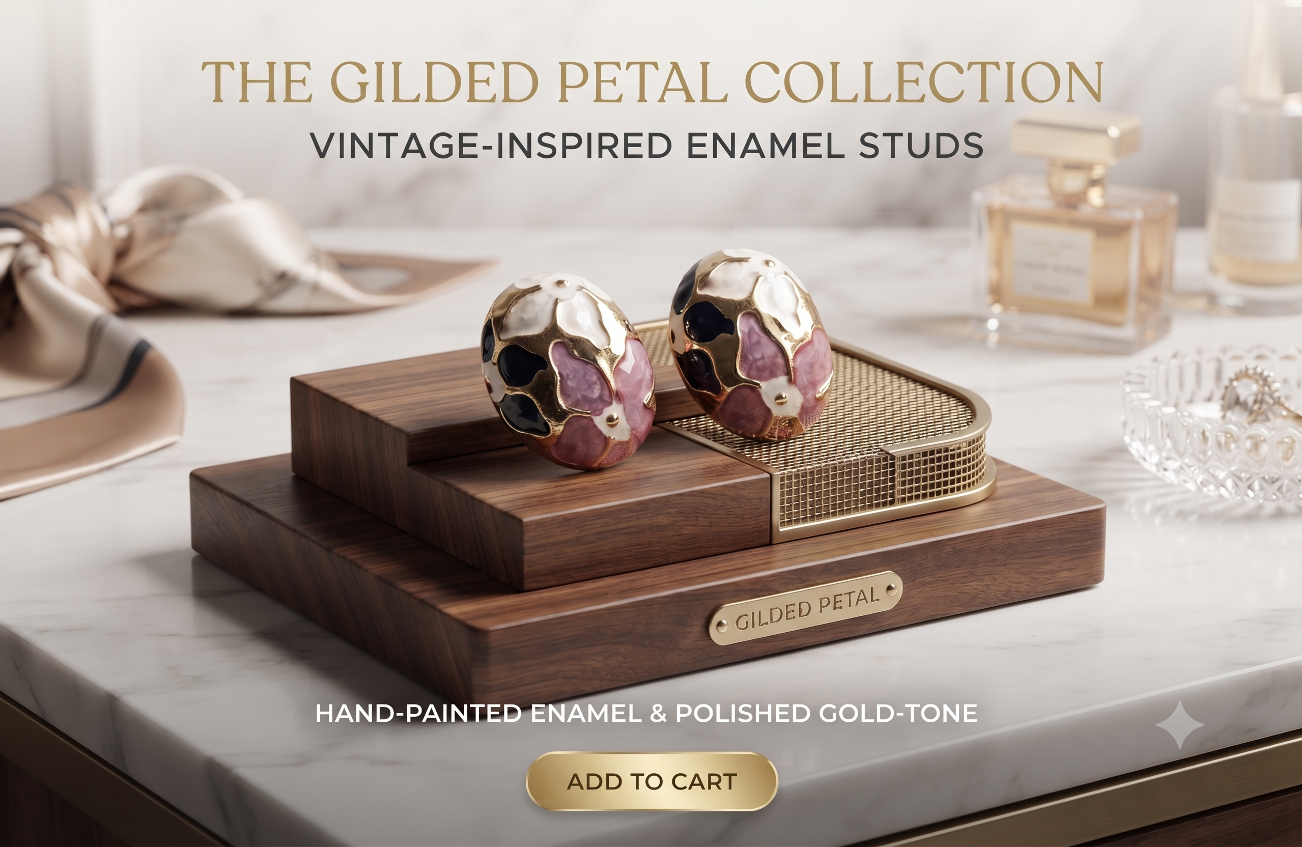 Gold & Cloisonné Enamel Oval Dome Stud Earrings