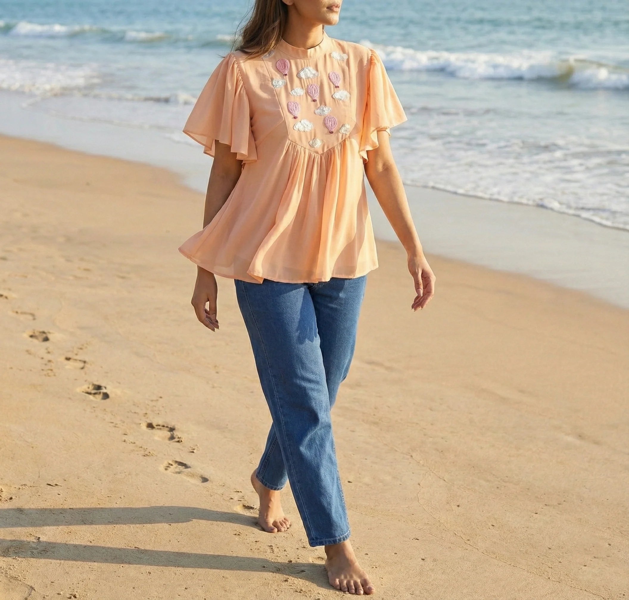 Hot Air Balloon Embroidered Frill Top in Georgette-2