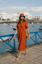 Burnt Orange Linen Midi Dress with Pockets (syncee)-0