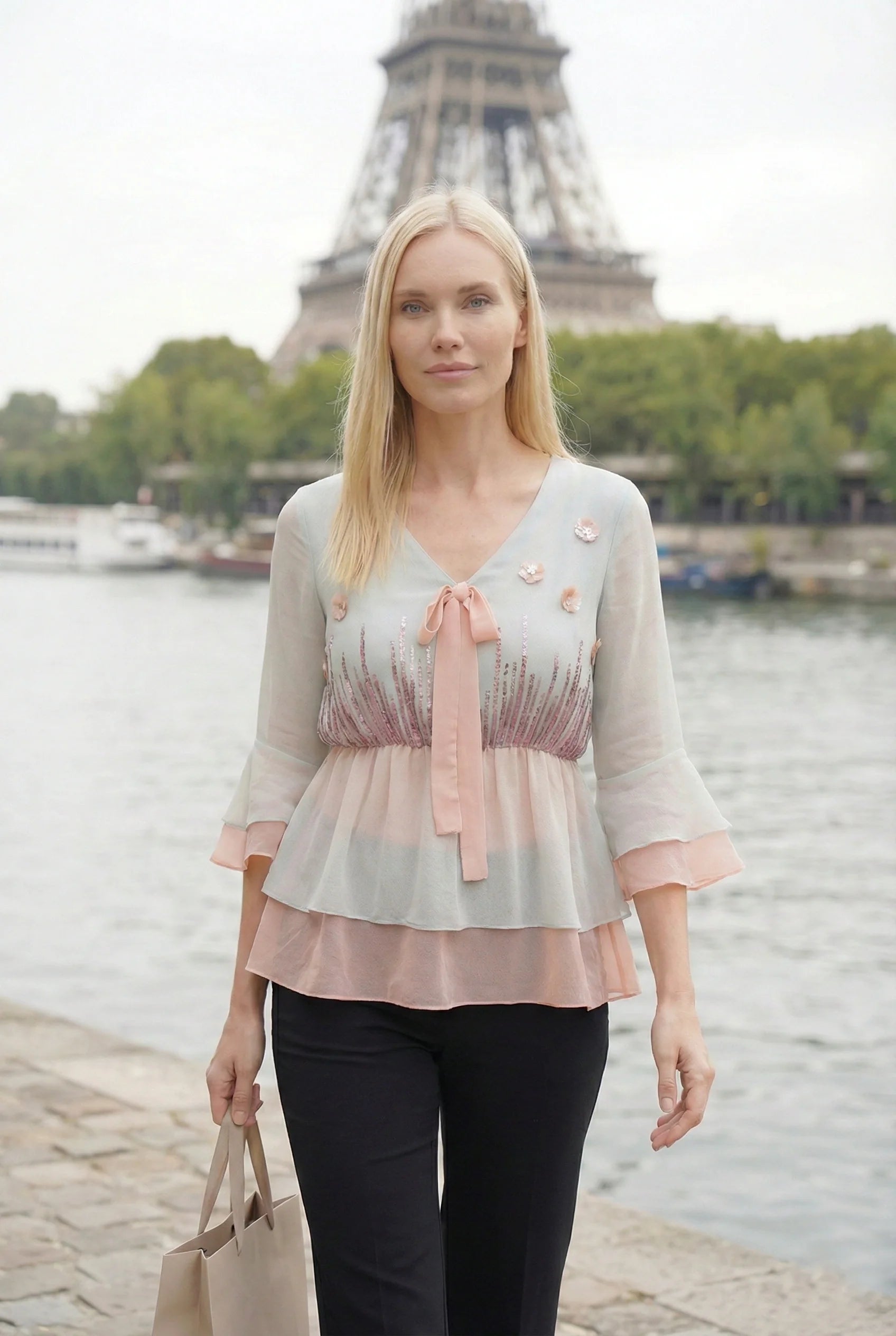 Powder Blue and Peach Two-Layer Peplum Top with Lavender Embroidery-3