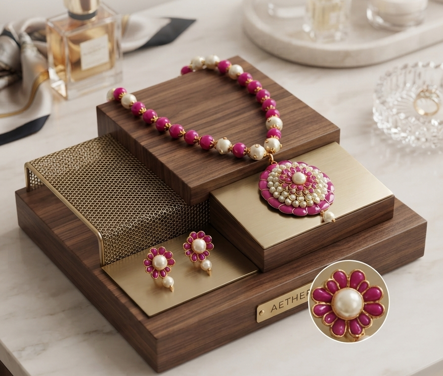 Pink Pearl Floral Jewellery Set – necklace with magenta beads and pearl pendant, with matching floral stud earrings on a wooden display stand