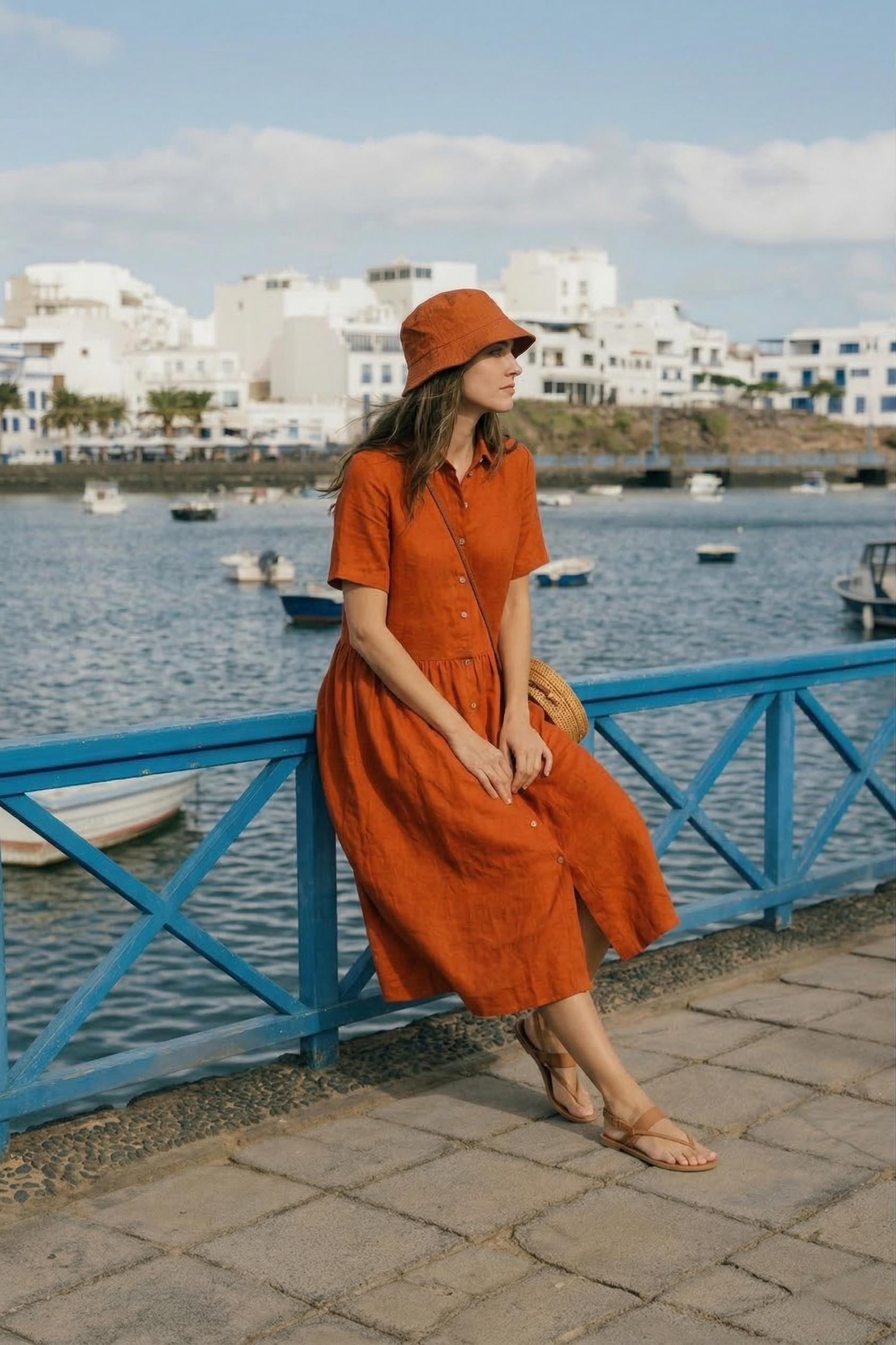 Burnt Orange Linen Midi Dress with Pockets (syncee)-2