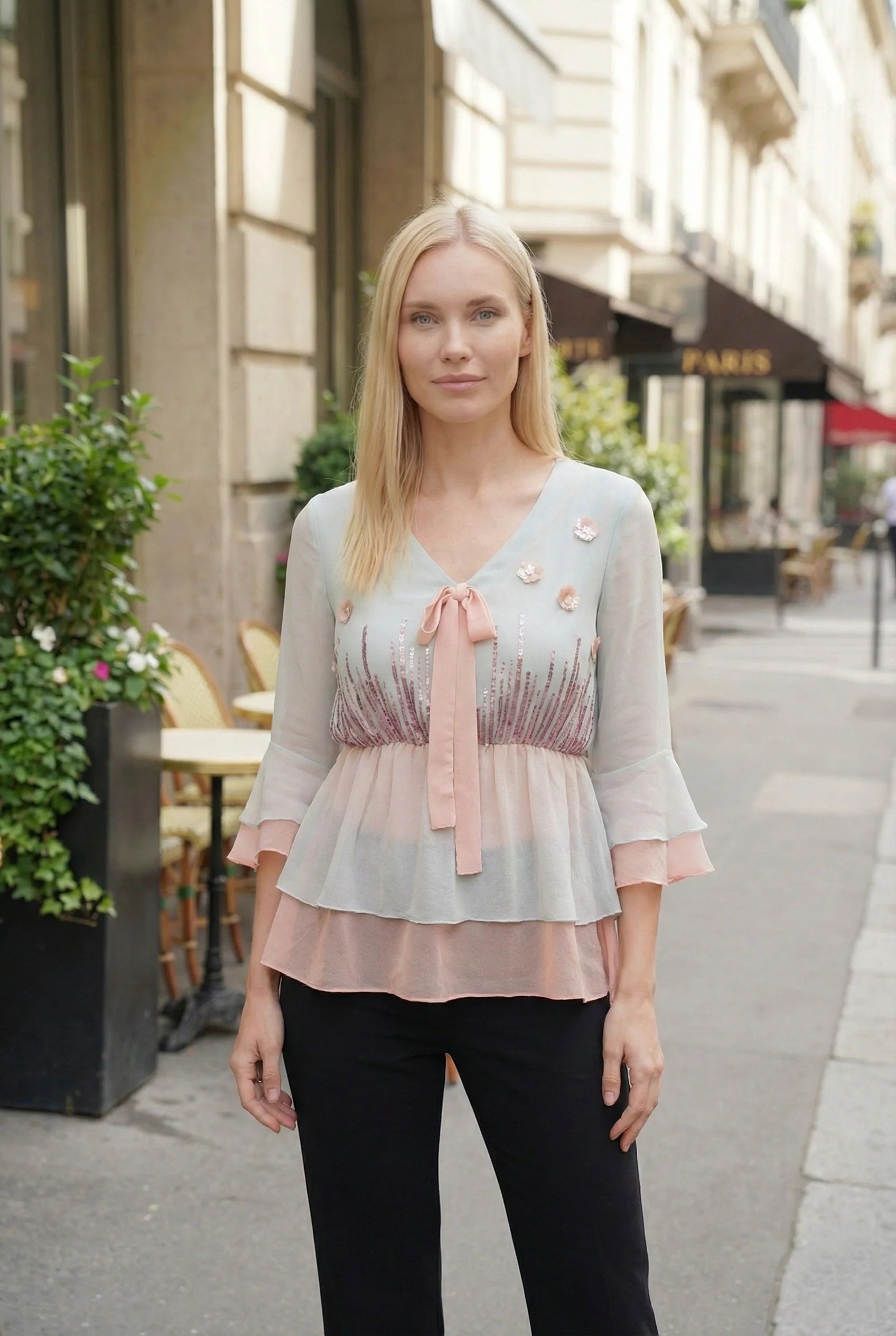Powder Blue and Peach Two-Layer Peplum Top with Lavender Embroidery-0