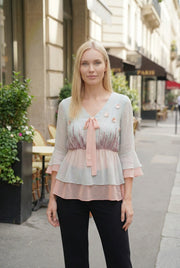 Powder Blue and Peach Two-Layer Peplum Top with Lavender Embroidery-0