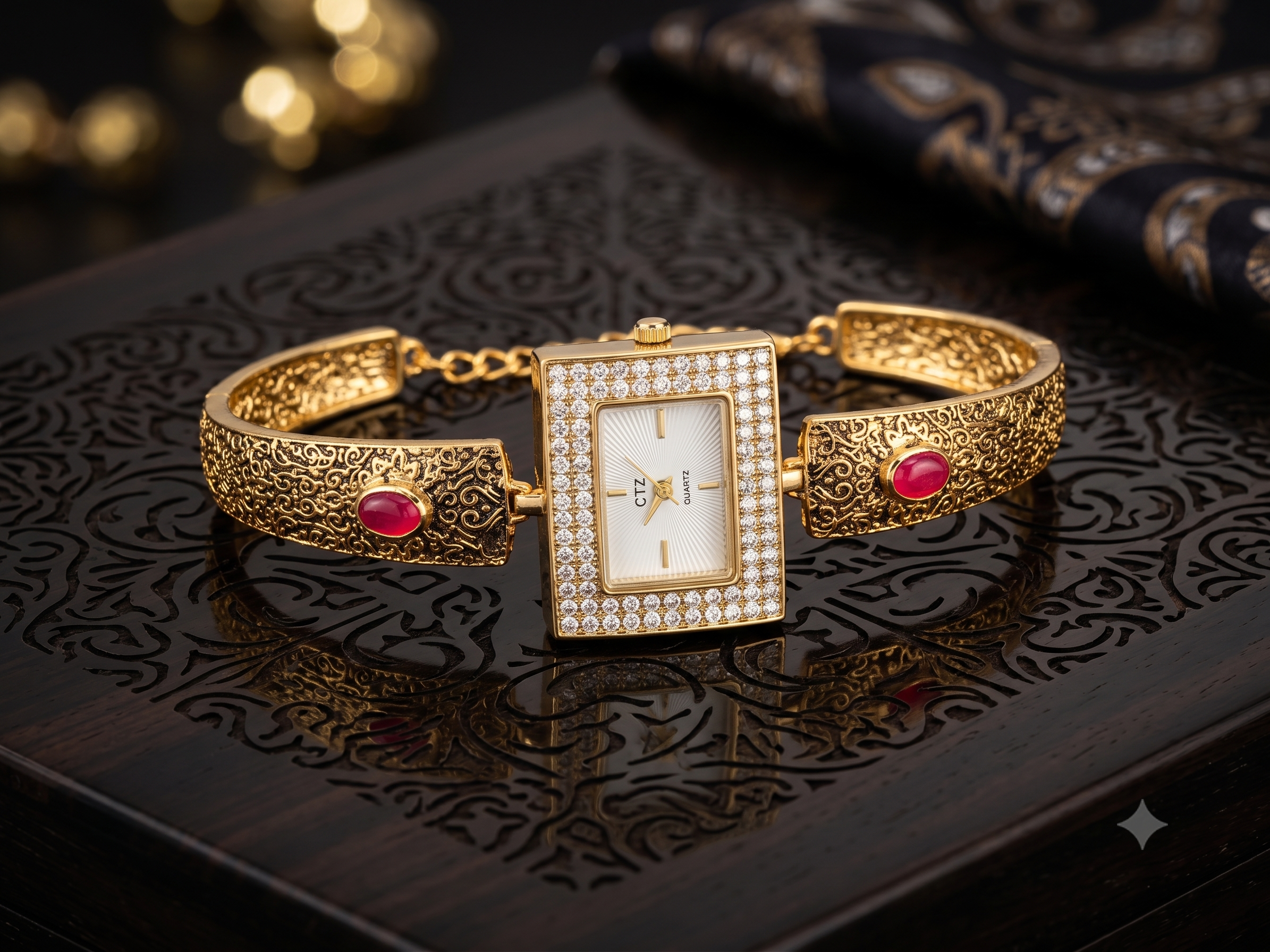 Lumière Or CTZ Antique Gold Ruby Rectangular Crystal Bracelet Watch