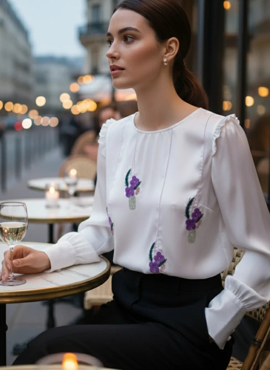 White Satin Full Sleeve Top with Hand-Embroidered Sequin Florals-2