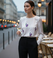 White Satin Full Sleeve Top with Hand-Embroidered Sequin Florals-0