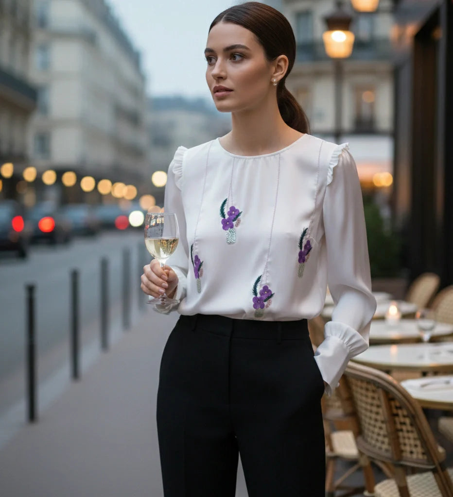 White Satin Full Sleeve Top with Hand-Embroidered Sequin Florals-0
