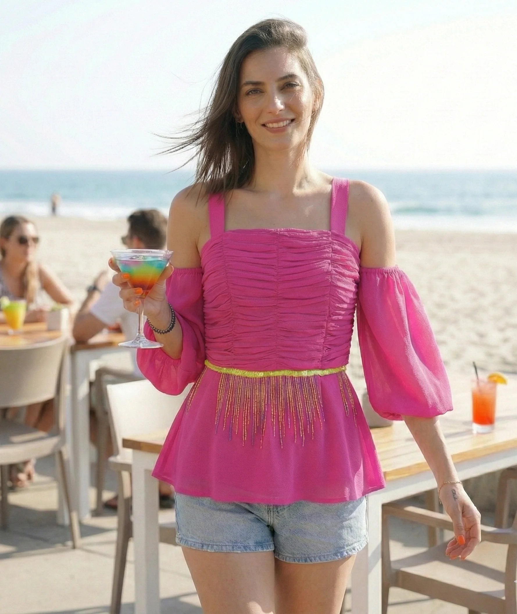 Hot Pink Peplum Top with Sequin Embroidery-1