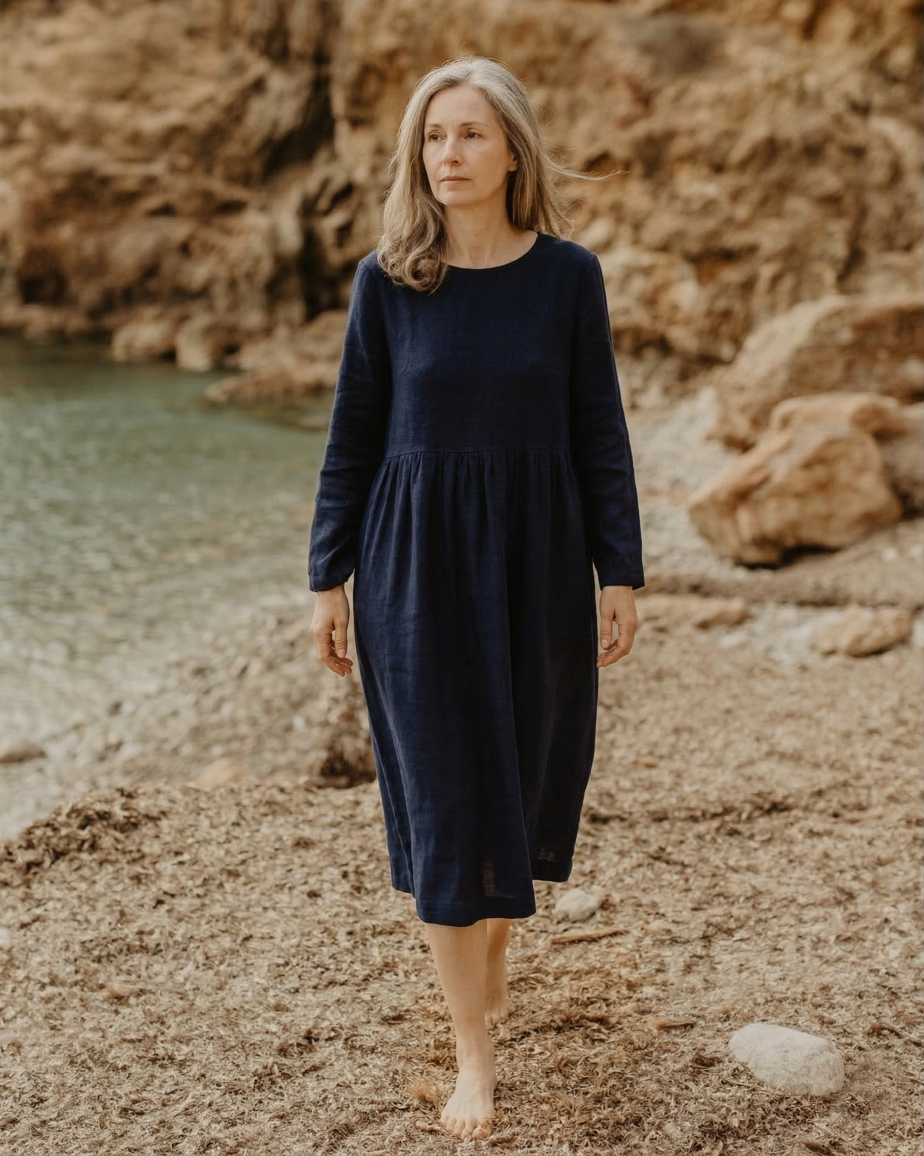 Navy Blue Linen Long Sleeve Midi Dress (syncee)-3