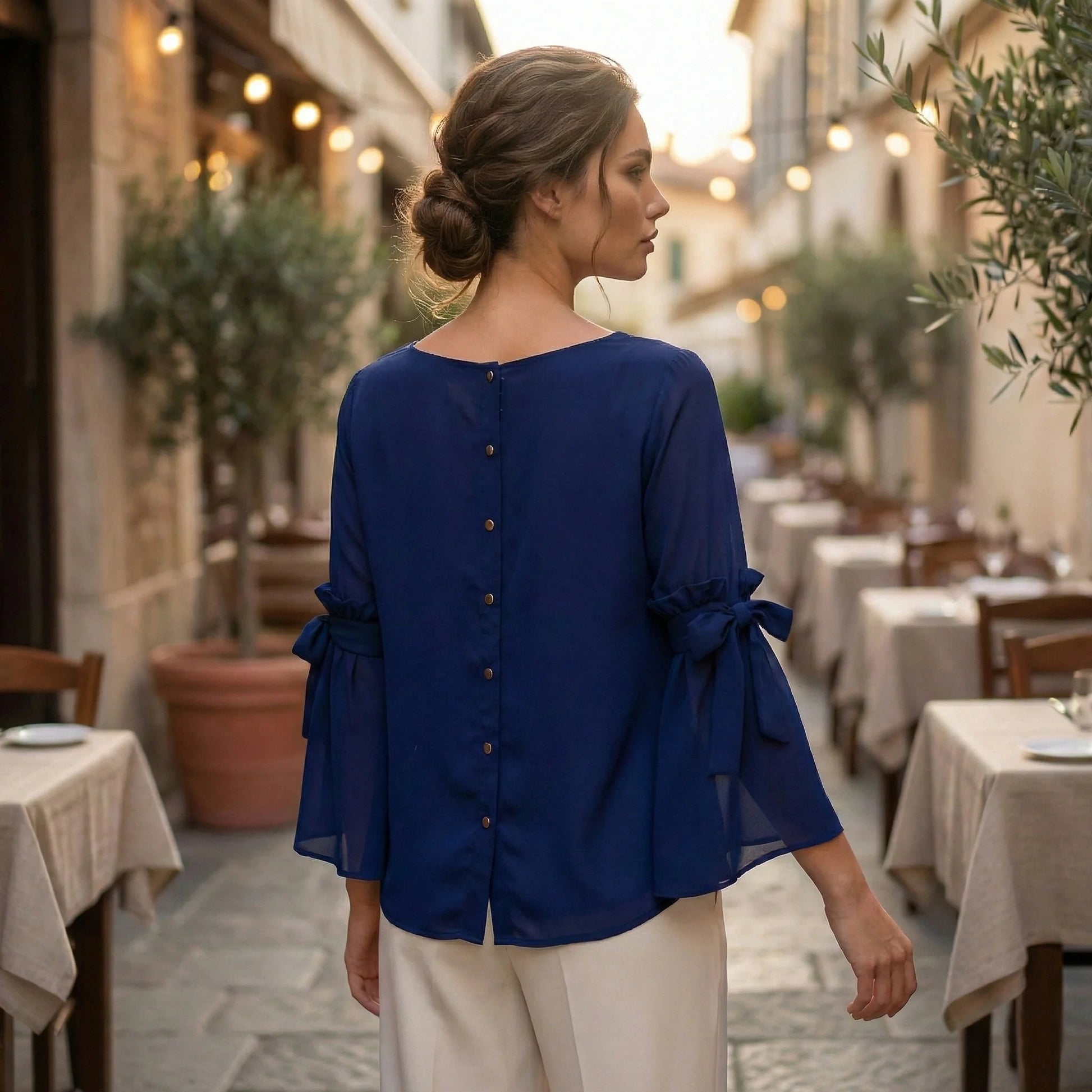 Navy Georgette Top with Flared Sleeves and Bow Tie Details-3