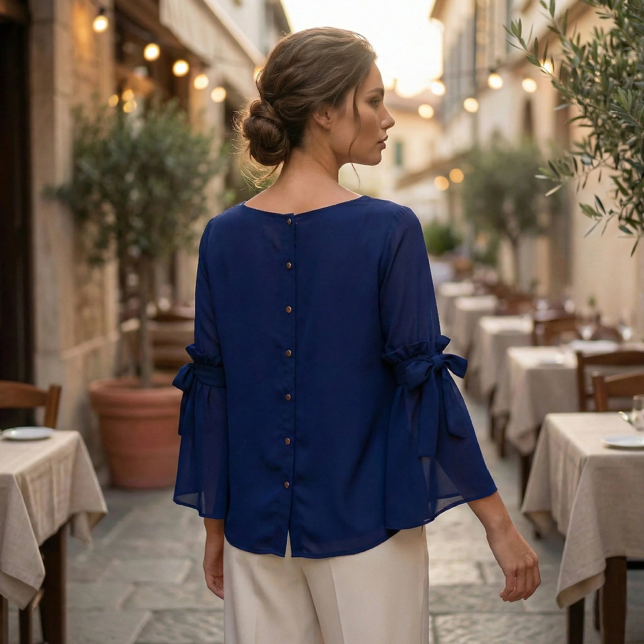 Navy Georgette Top with Flared Sleeves and Bow Tie Details-3