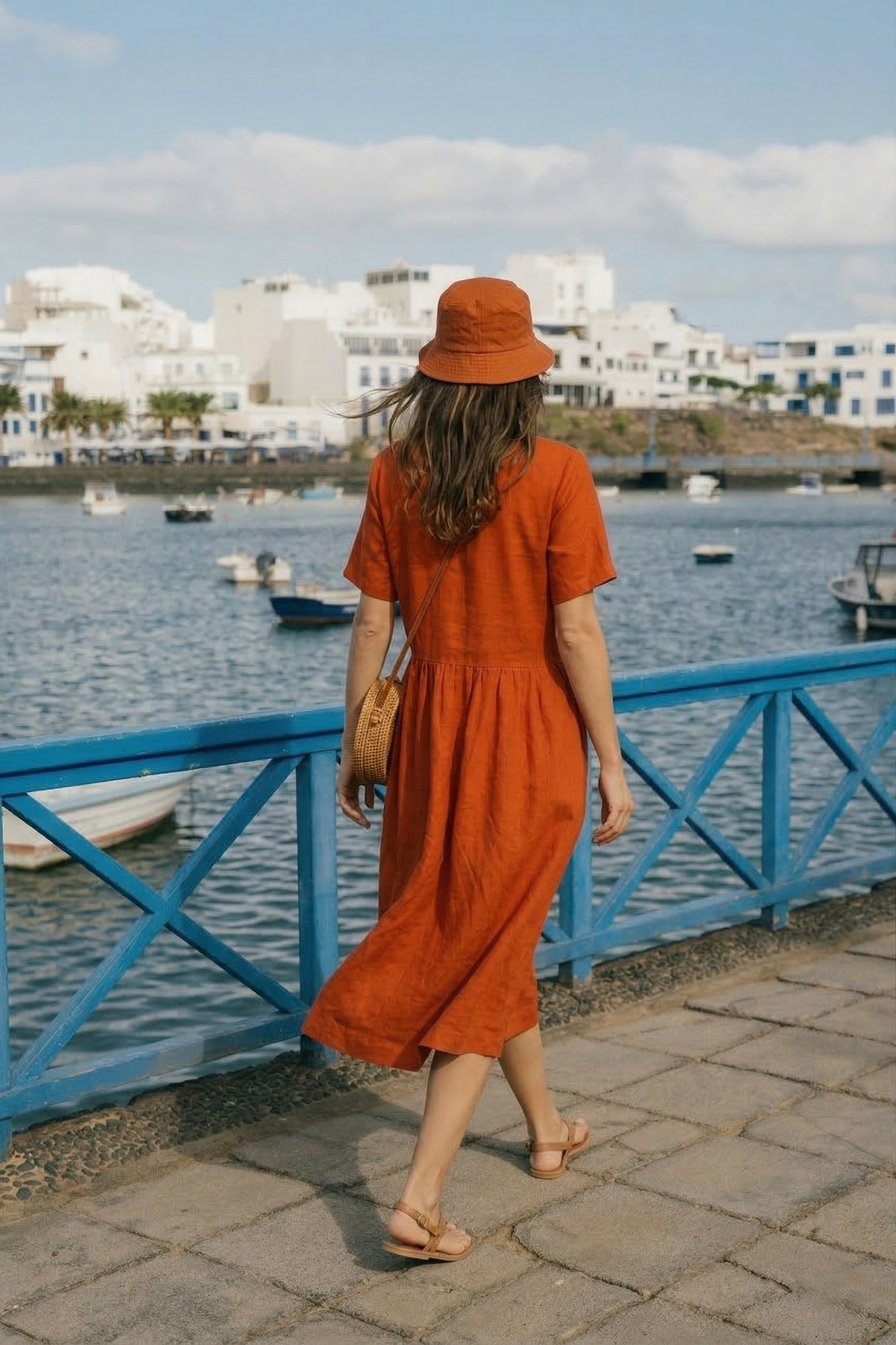 Burnt Orange Linen Midi Dress with Pockets (syncee)-3