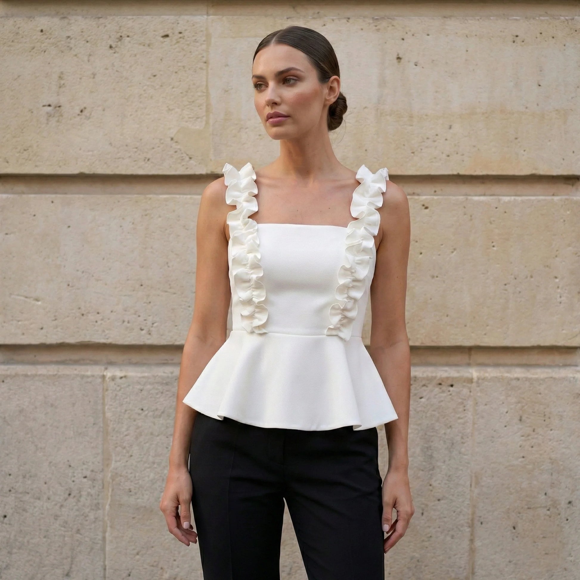 White Peplum Top with Ruffle Straps-3