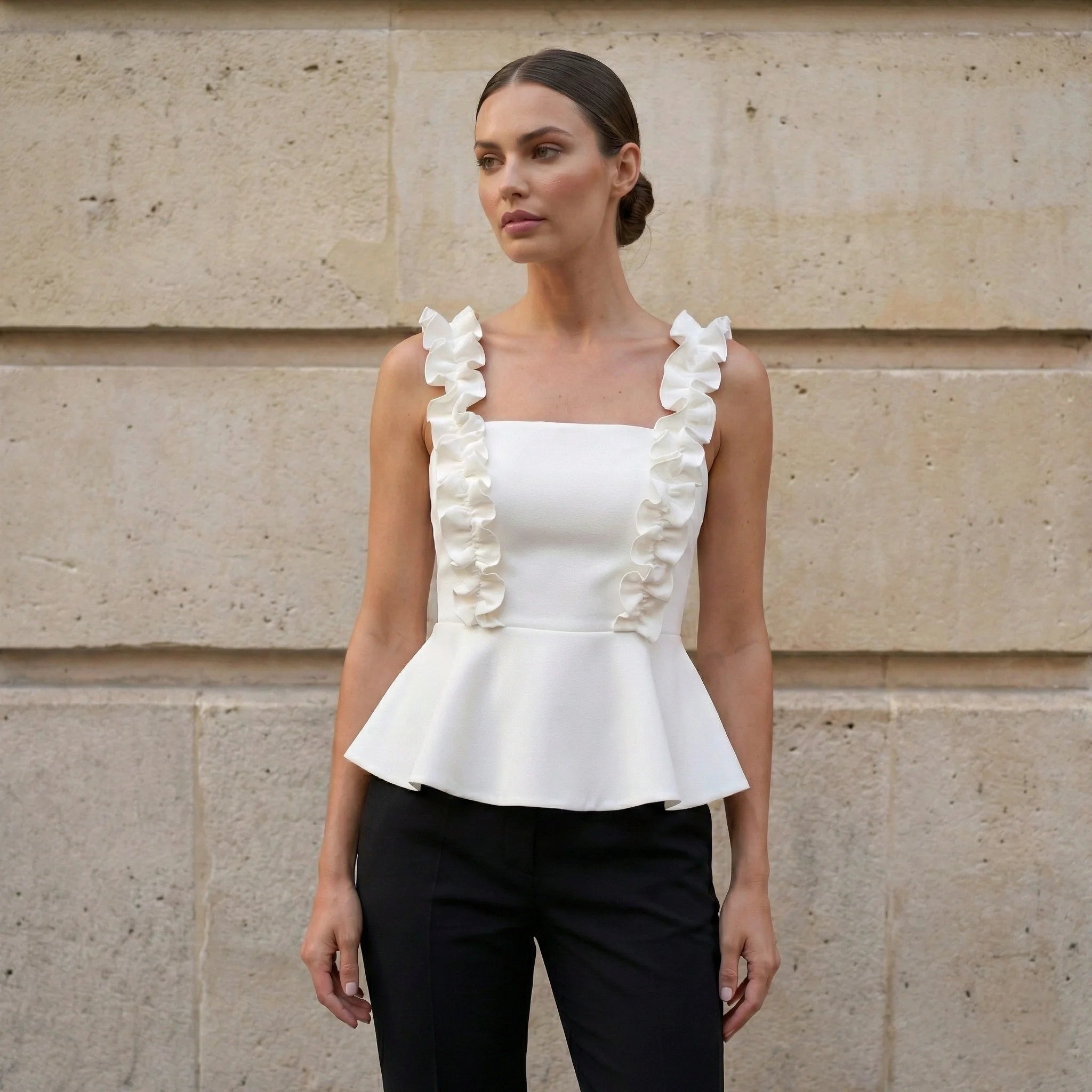 White Peplum Top with Ruffle Straps-3