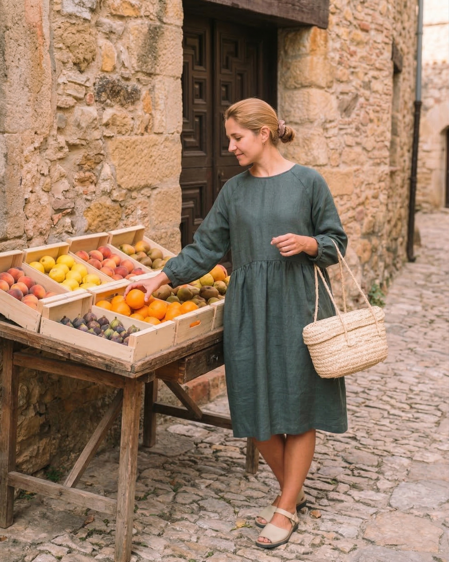 Olive Green Linen Midi Dress with Long Sleeves (syncee)-0