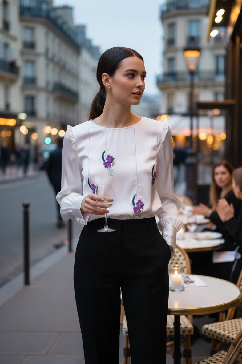 White Satin Full Sleeve Top with Hand-Embroidered Sequin Florals-1