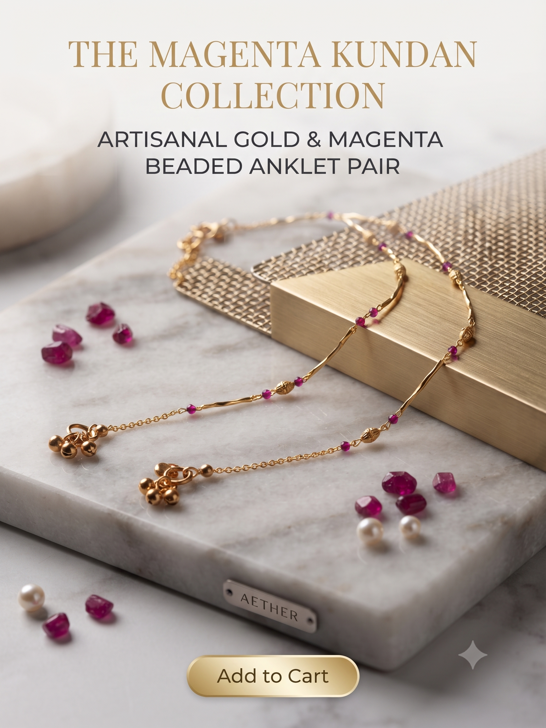 Gold-Tone Ruby Bead & Twisted Bar Anklet Payal – Set of 2