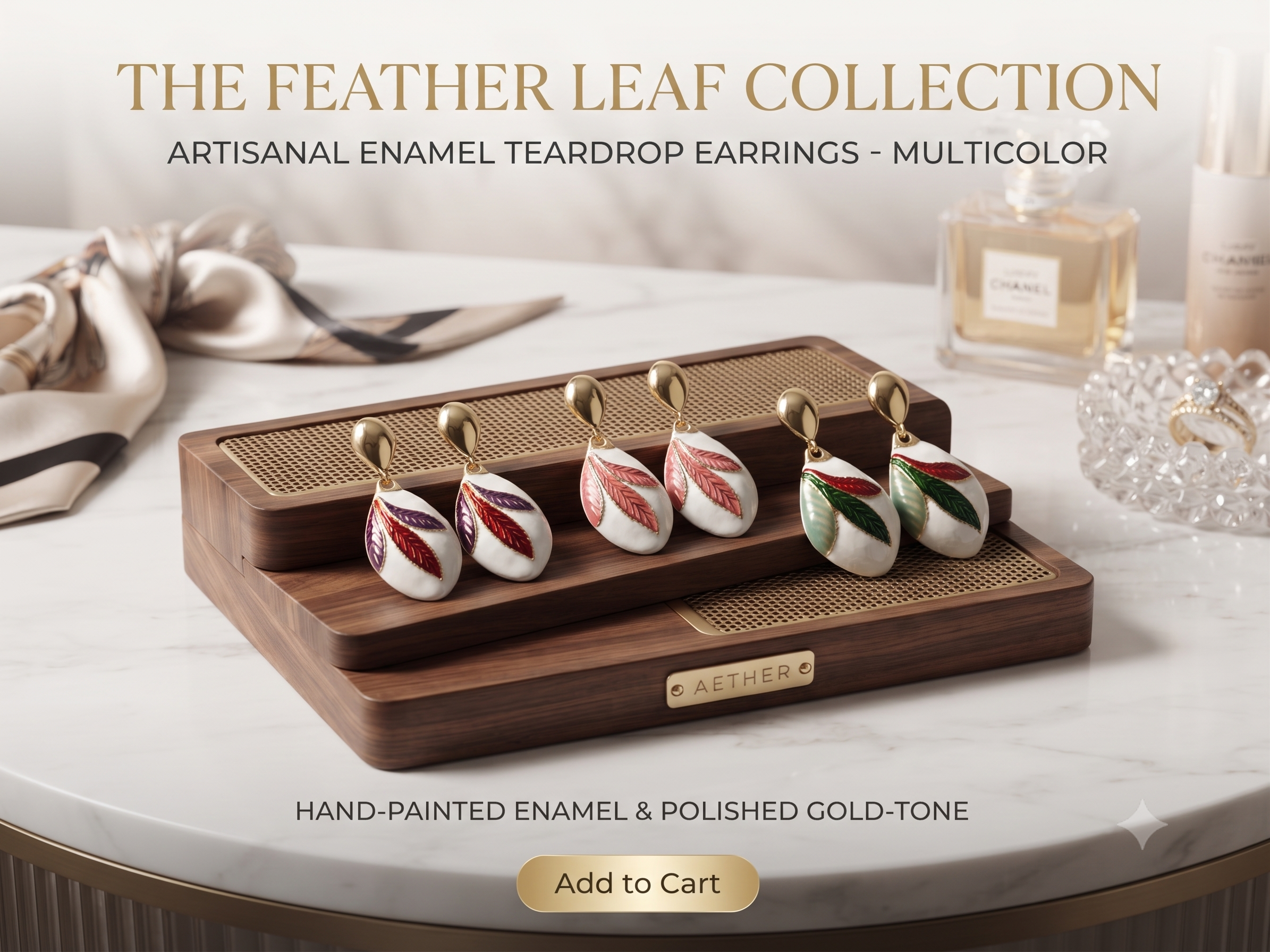 Gold Teardrop Stud & White Enamel Oval Feather Motif Drop Earrings
