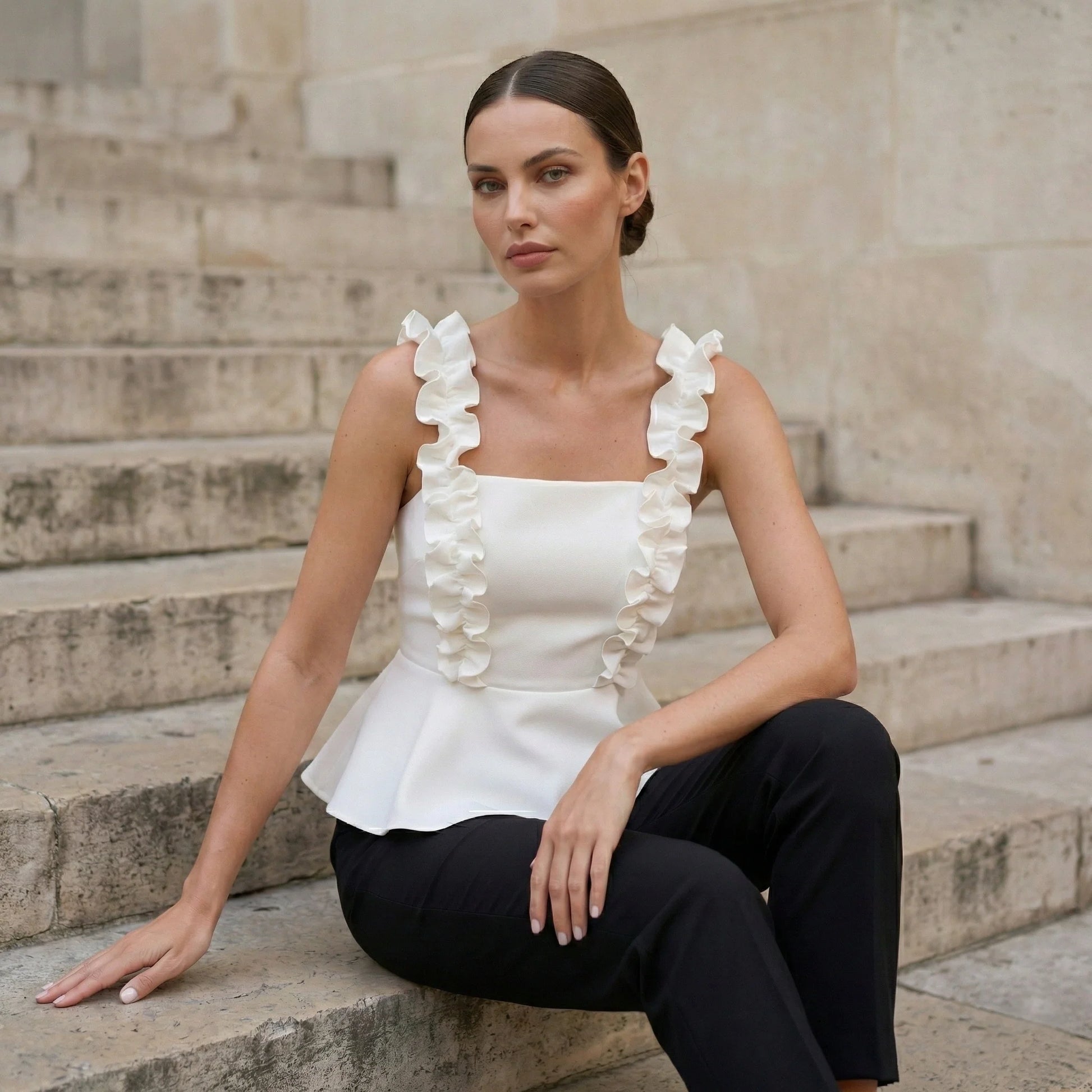 White Peplum Top with Ruffle Straps-4