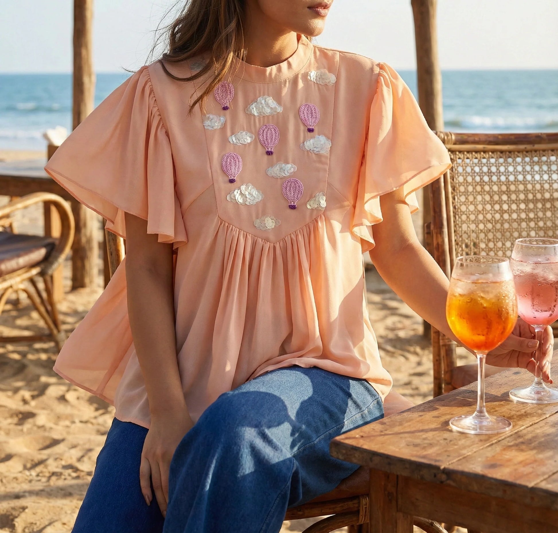Hot Air Balloon Embroidered Frill Top in Georgette-1