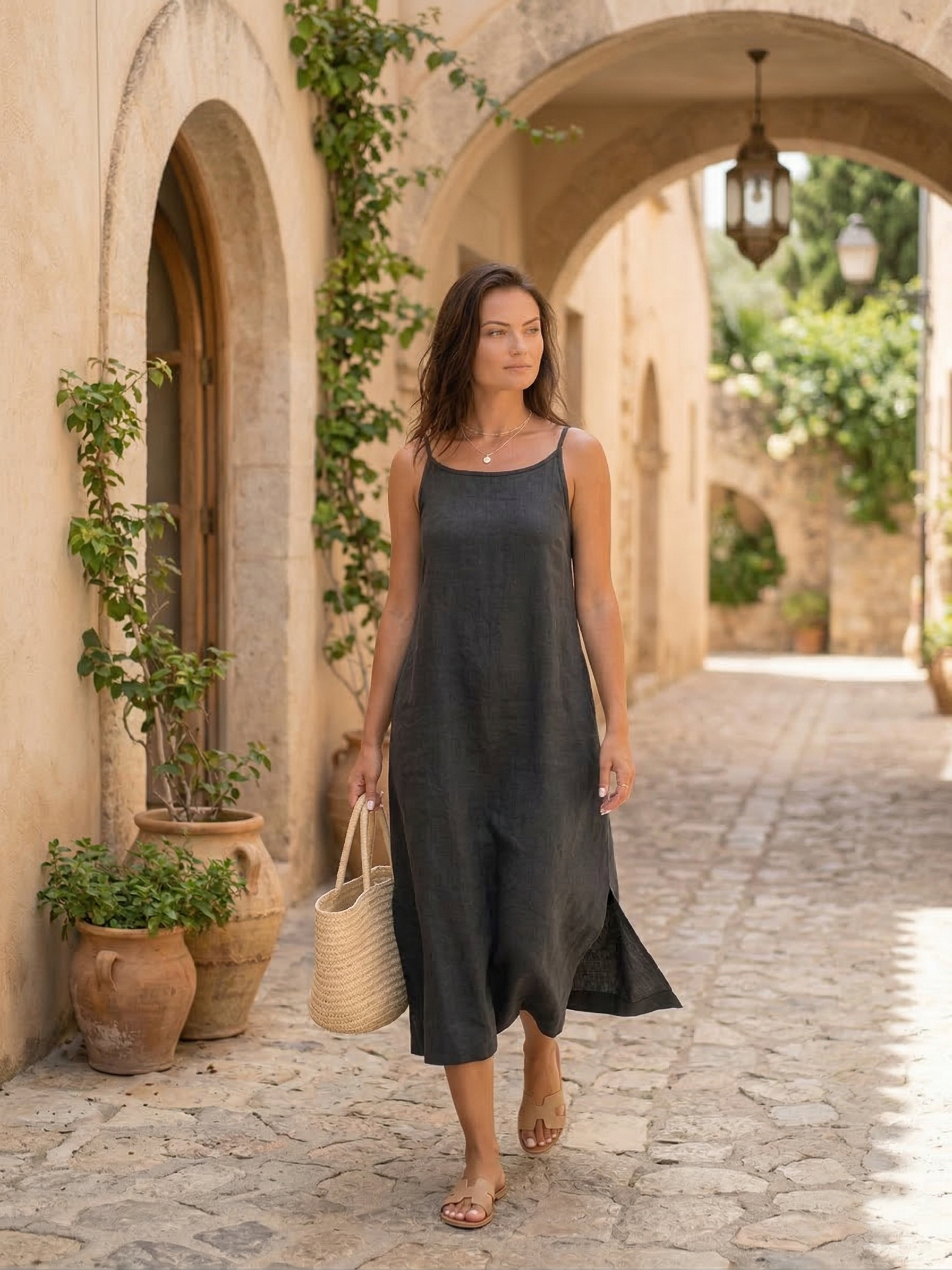 Charcoal Grey Linen Midi Dress with Side Slits (syncee)-1