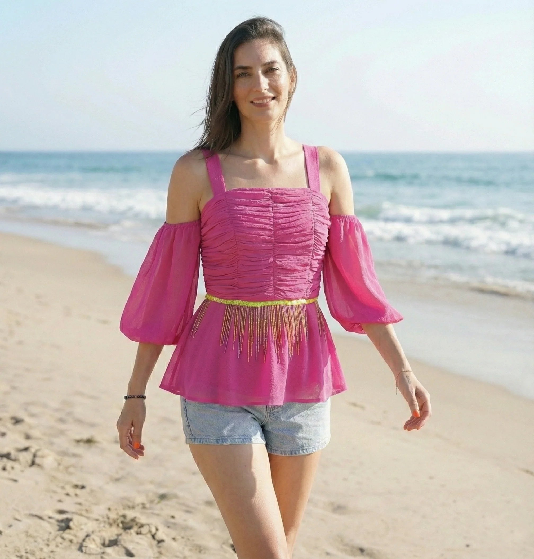Hot Pink Peplum Top with Sequin Embroidery-0