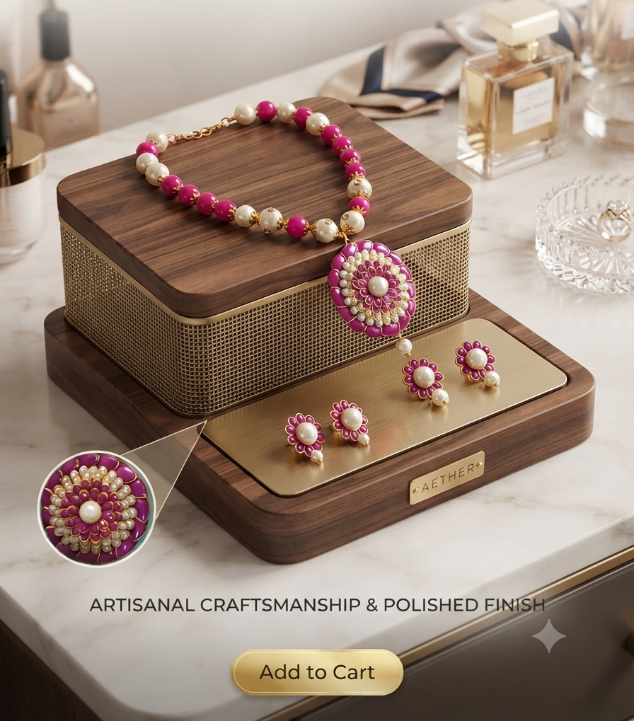 Pink Pearl Floral Jewellery Set – Necklace & Earrings