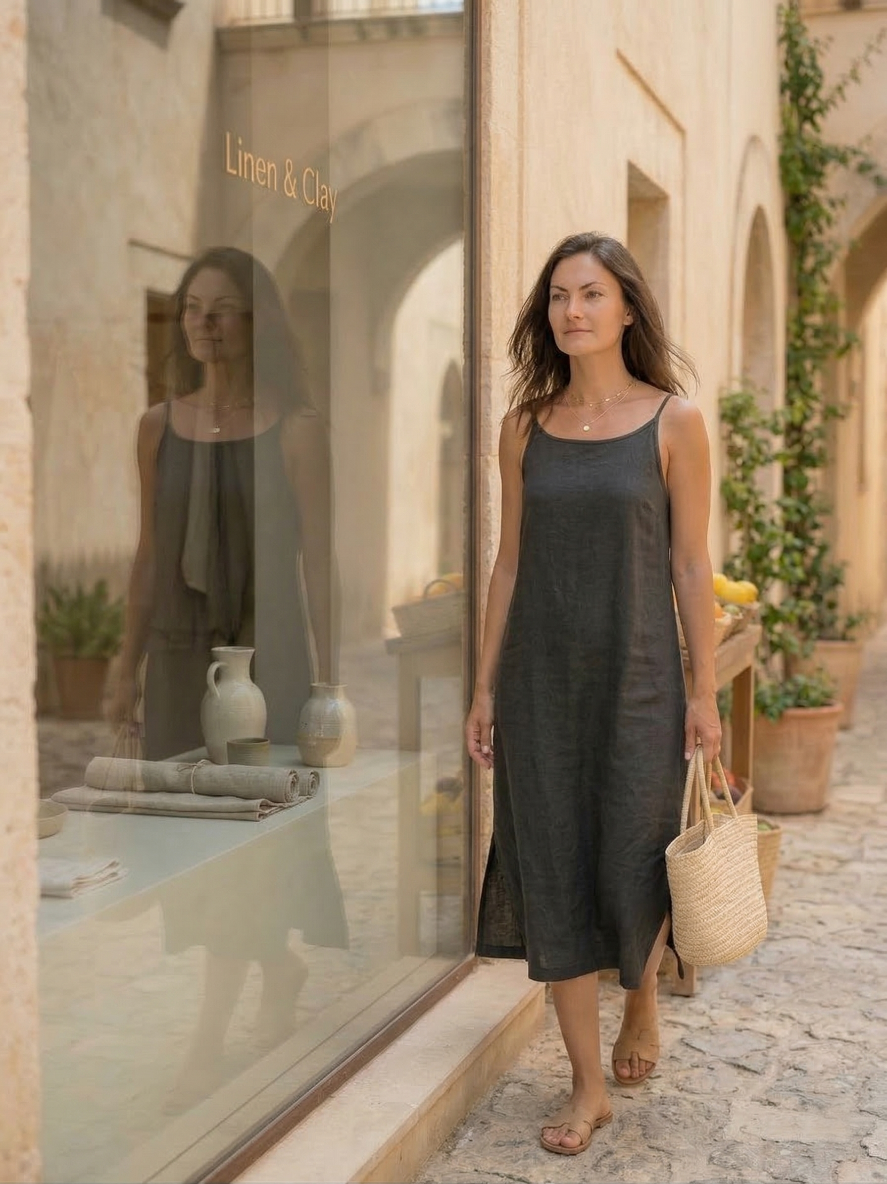 Charcoal Grey Linen Midi Dress with Side Slits (syncee)-3