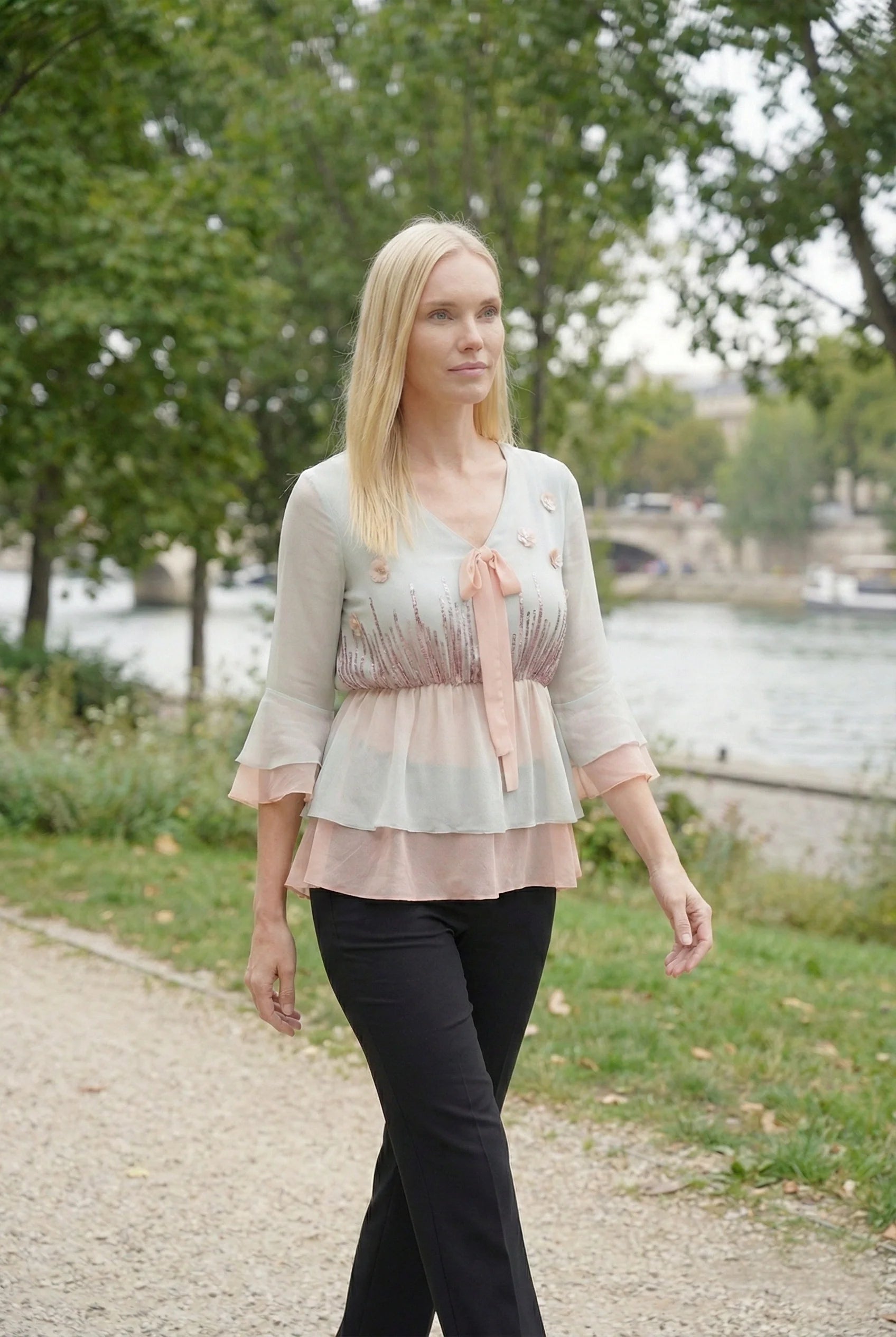 Powder Blue and Peach Two-Layer Peplum Top with Lavender Embroidery-4