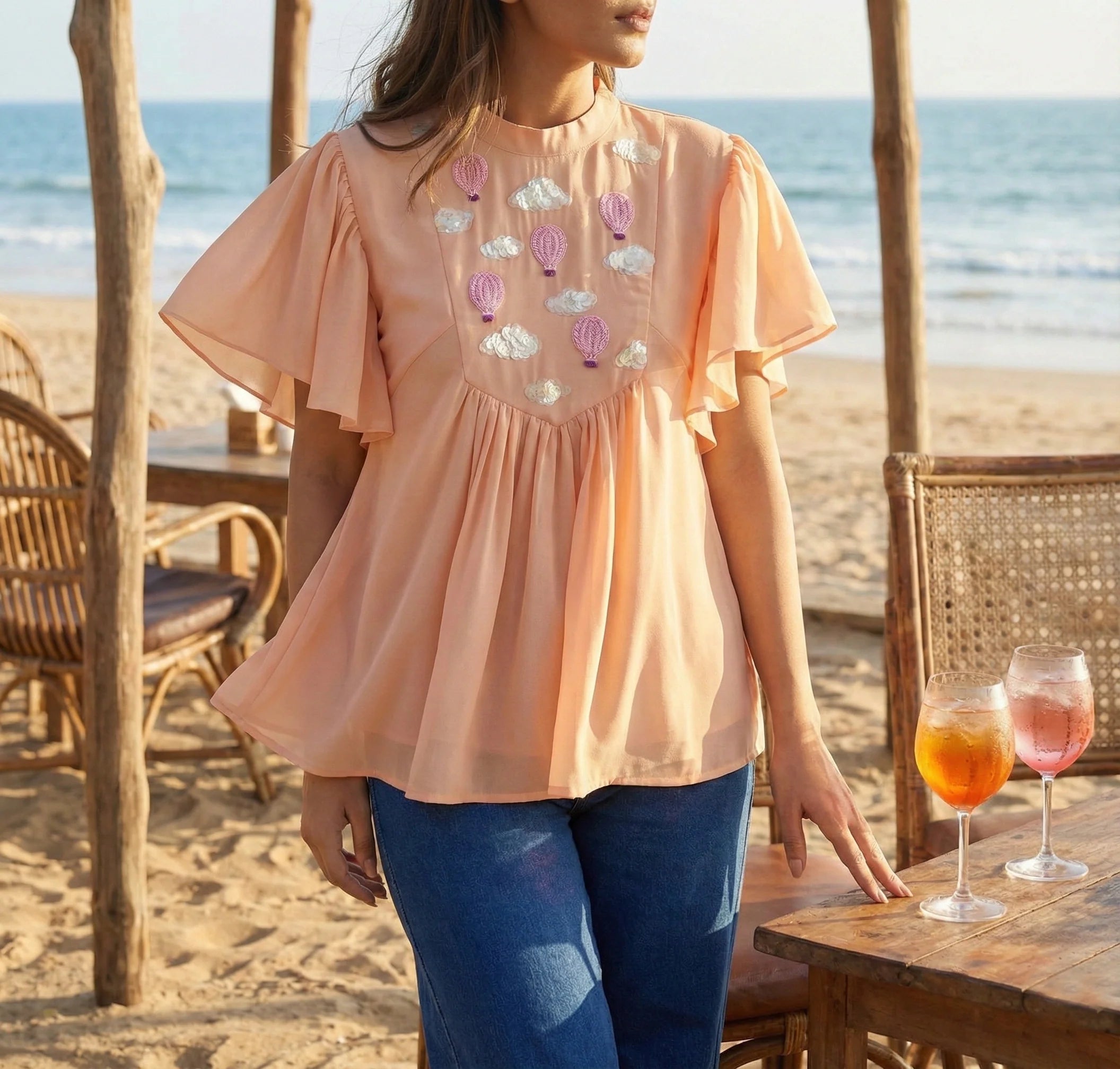 Hot Air Balloon Embroidered Frill Top in Georgette-0