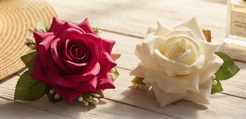 Realistic Rose Hair Clip with Leaves & Pearl Buds – Set of 2