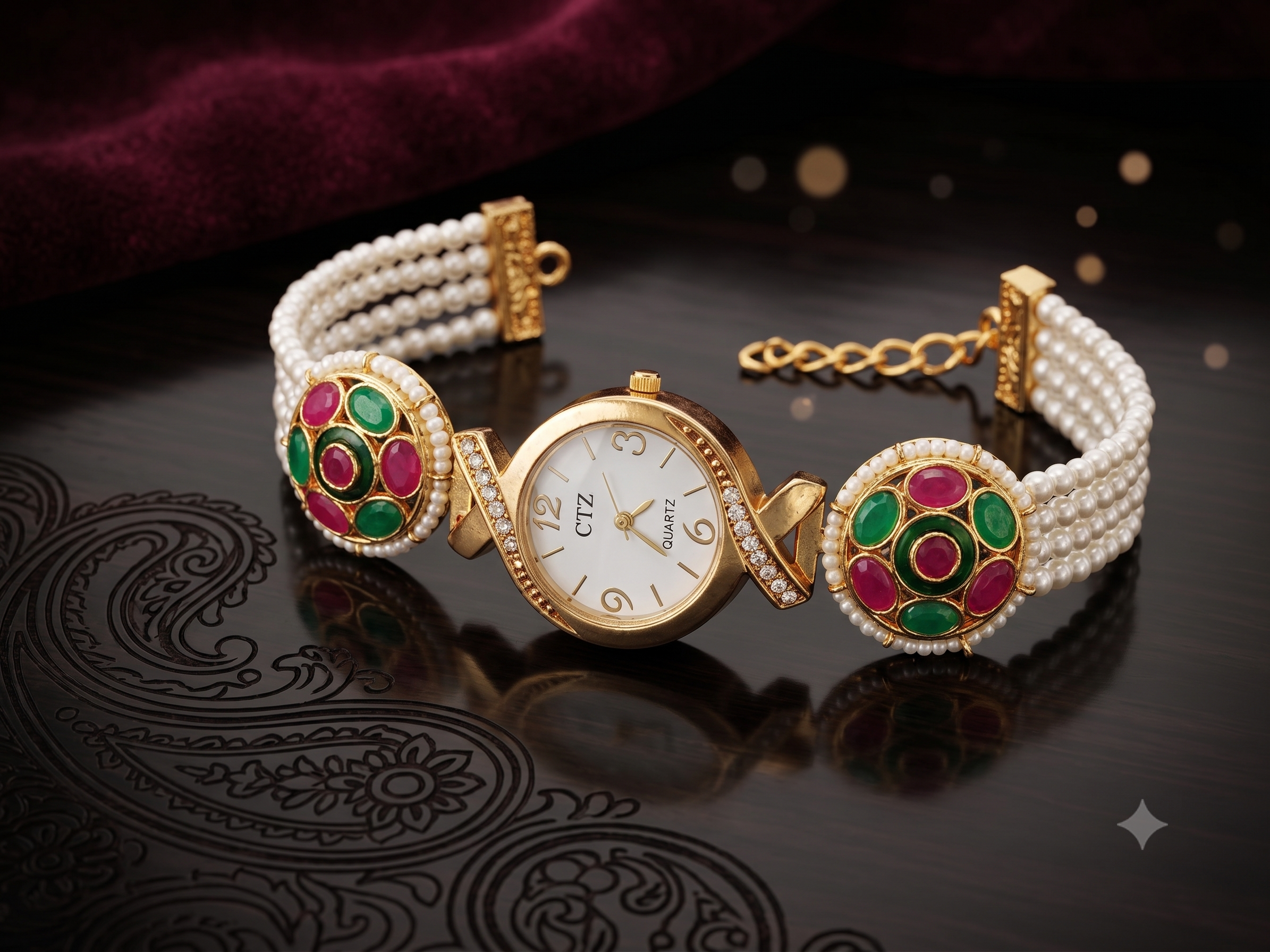 CTZ Ruby & Emerald Kundan Pearl Strand Bracelet Watch with Floral Medallions
