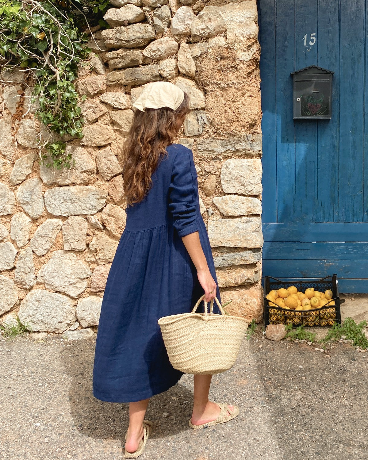 Navy Blue Linen Long Sleeve Midi Dress (syncee)-1