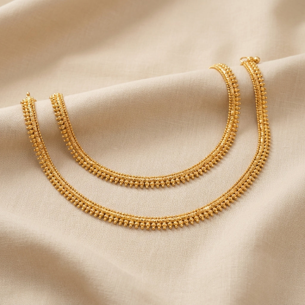 Traditional Gold-Tone Beaded Payal – Anklets with Ghungroo Bells (Set of 2)