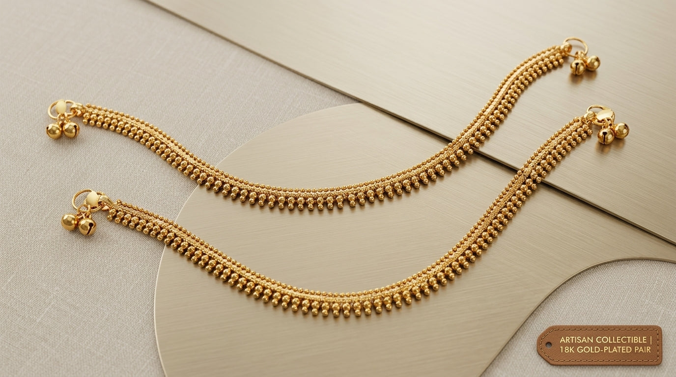 Traditional Gold-Tone Beaded Payal – Anklets with Ghungroo Bells (Set of 2)
