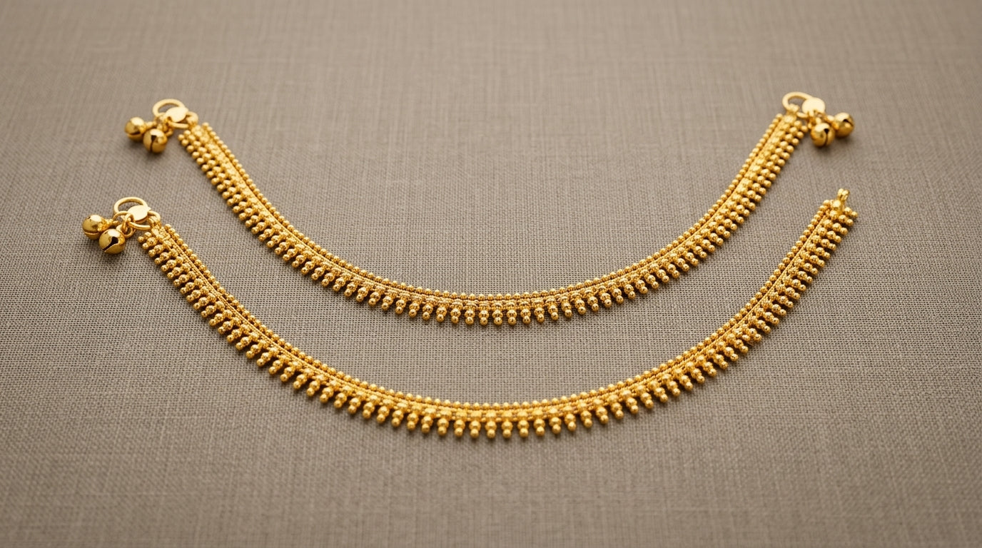 Traditional Gold-Tone Beaded Payal – Anklets with Ghungroo Bells (Set of 2)