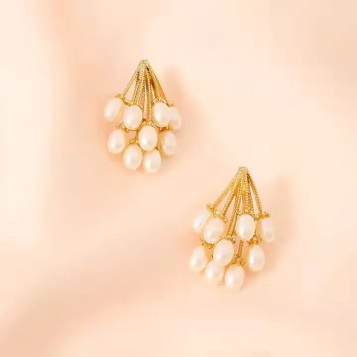 Elegant Gold & Pearl Cluster Earrings SORI STYLE