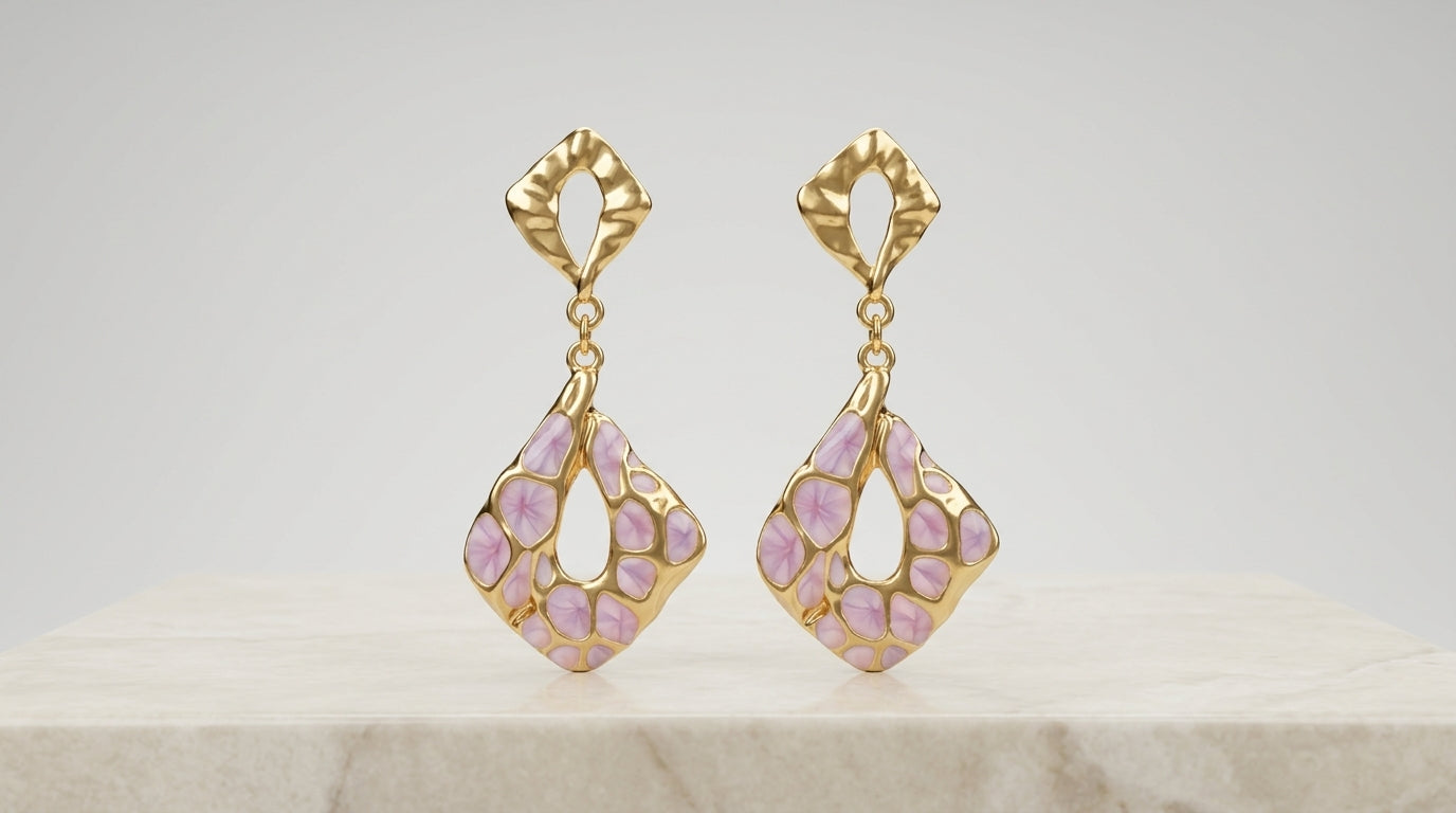 Pair of lavender mosaic enamel diamond drop earrings with hammered gold-tone kite stud top and open teardrop cutout pendant, on marble surface
