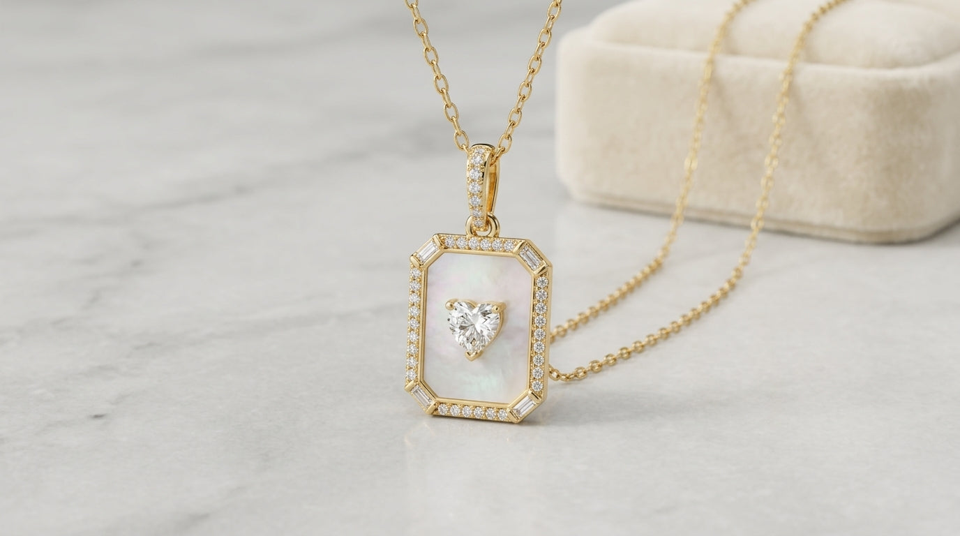 Mother of Pearl Heart CZ Pendant Necklace – Gold Plated