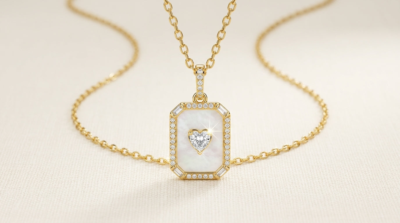 Mother of Pearl Heart CZ Pendant Necklace – Gold Plated